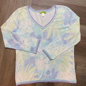 Sigrid Olsen Women's Top Pastel Floral V Neck Long Sleeve Size M Breathable Golf